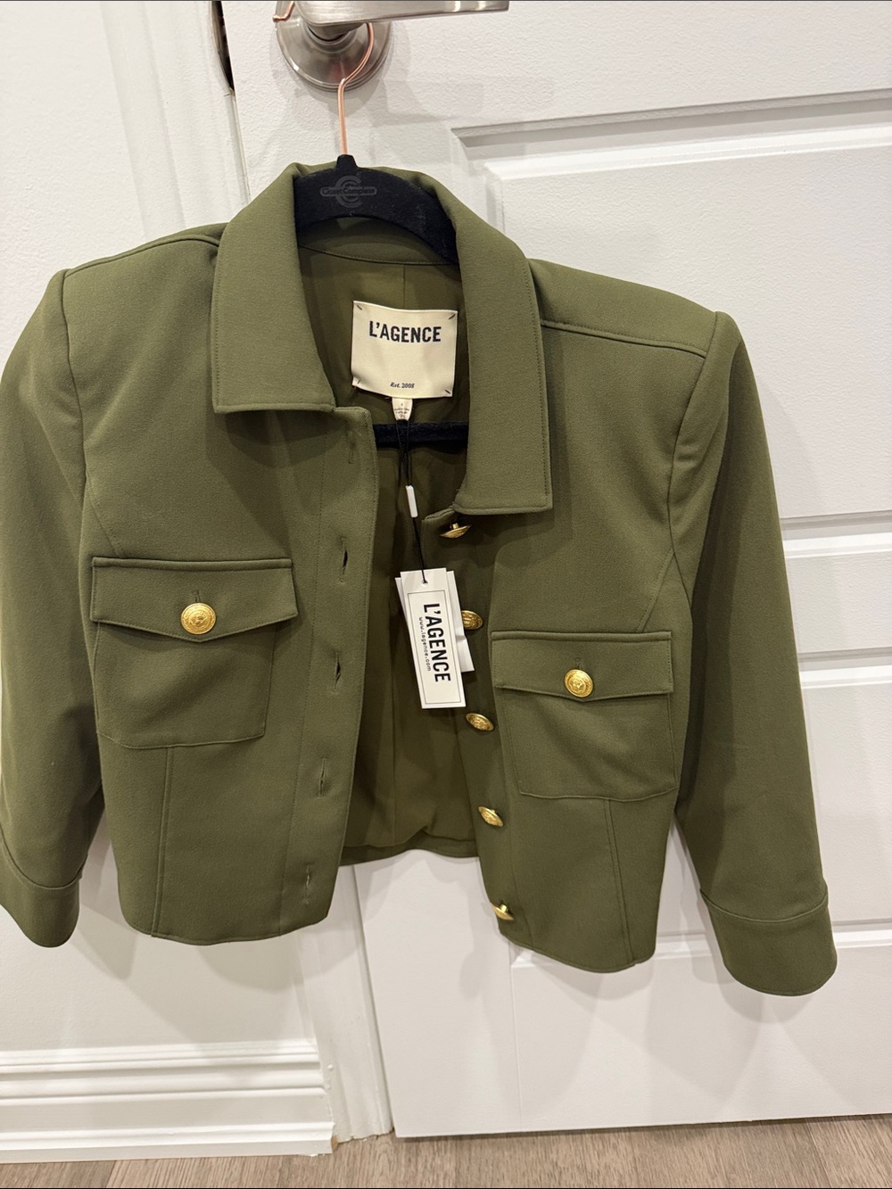 NWT L'AGENCE Kumi Olive Green Cropped Military-Style Jacket with Gold Buttons